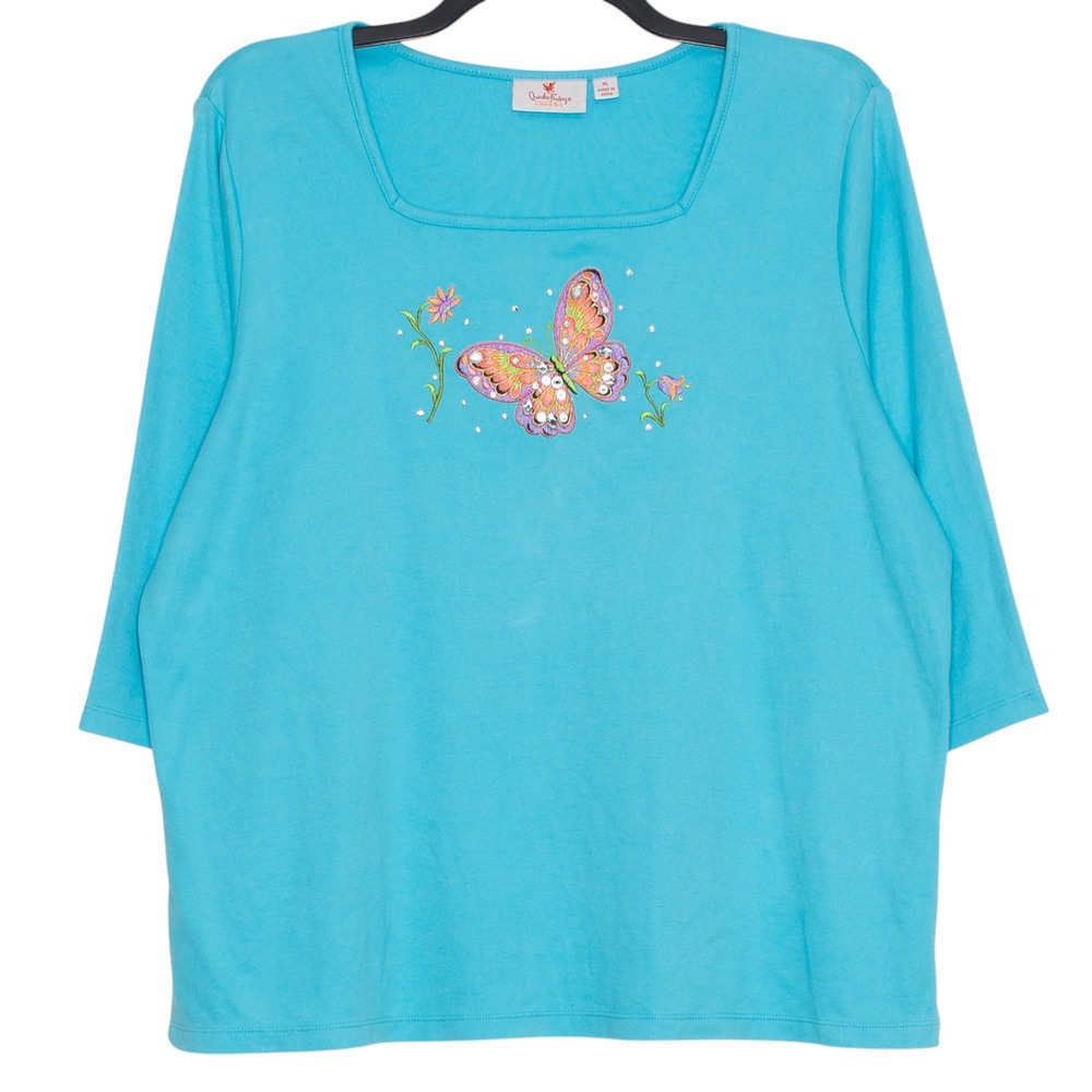 Quacker Factory 3/4 Sleeve Top Embroidered Butterfly Embellished Spring Blue XL